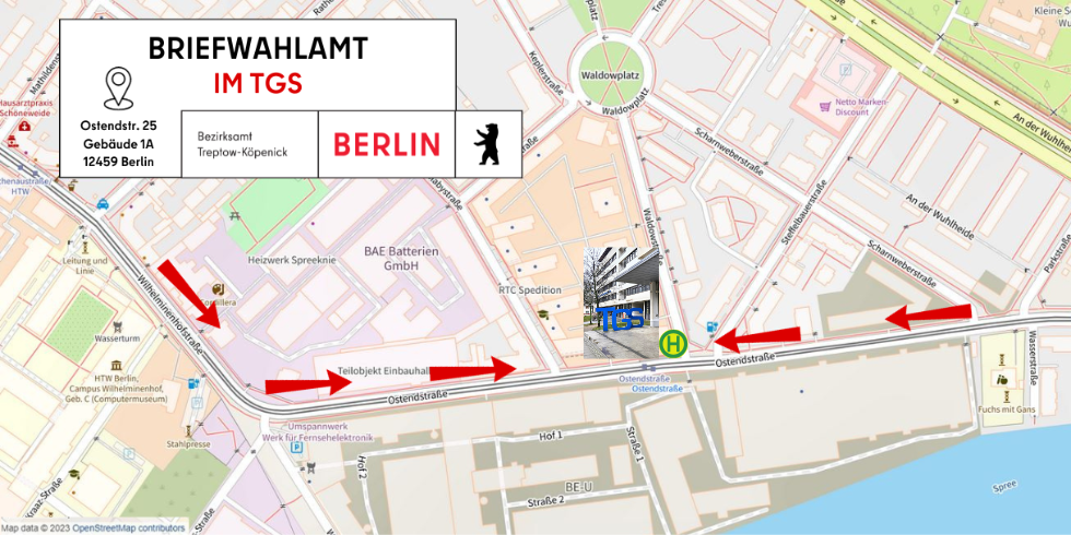 Grafik zeigt einen Kartenausschnitt, der mit Pfeilen zum Briefwahlamt im TGS weist