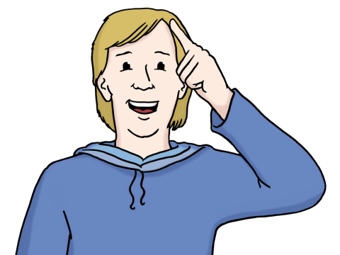 Eine Person hält als Zeichen des Verstehens den Zeigefinger an den Kopf und hat den Mund leicht geöffnet