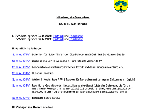 01. Mitteilungen des Vorstehers vom 23.12.2021