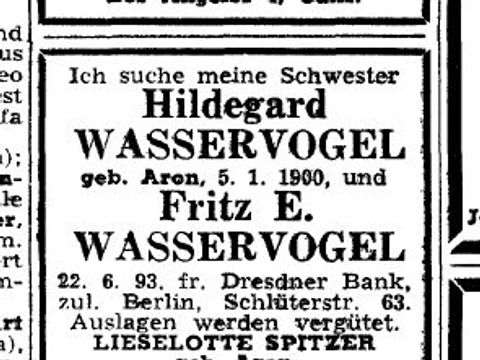 Suchanzeige (Bild: Zeitung „Aufbau“ )