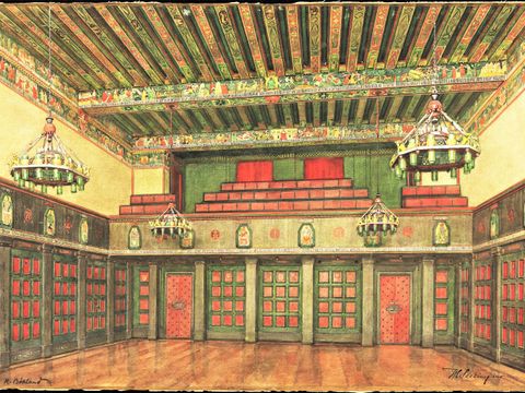Märkischer Saal im Rathaus Charlottenburg, Erweiterungsbau (1916) von Heinrich Seeling (1852-1932), Tusche, aquarelliert auf Karton (Bild: Architekturmuseum der Technischen Universität Berlin, Inv. Nr. 16145)