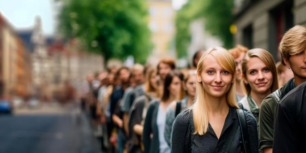 Auf dem Bild ist eine Schlange anstehender Menschen für eine Wohnungssuche zu sehen. Im Vordergrund ist eine blonde Frau zu erkennen. Im Hintergrund ist die Menschenschlange in der Unschärfe zu erkennen.