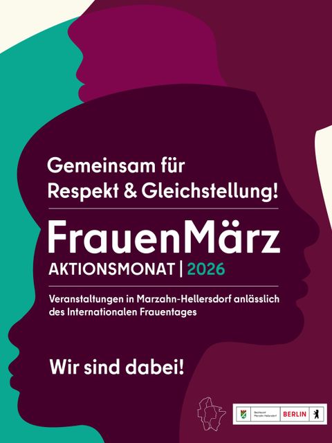 Banner zum Aktionsmonat Frauenmärz 2026 in Marzahn-Hellersdorf. Aufruf zur Teilnahme "gemeinsam für Respekt und Gleichstellung"