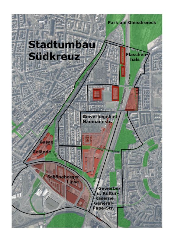 Stadtumbau Südkreuz Luftbild mit Beschriftung