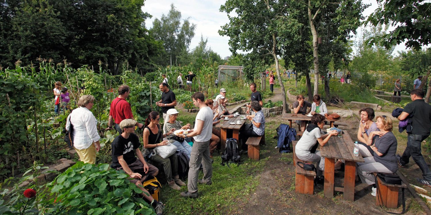 In einem großen Gemeinschaftsgarten sitzen bei Sonnenschein Leute in kleinen Gruppen auf Holzbänken an rustikalen Tischen. Andere schlendern durch die üppig grünen Beete und über das weitläufige Gelände. Im Hintergrund stehen hohe Laubbäume mit dichtem Blattwerk.