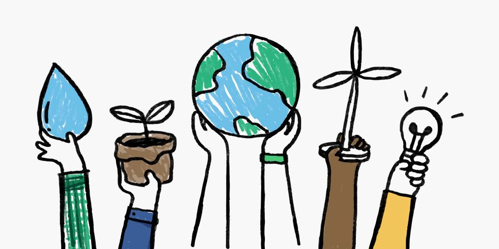 Das Startbild der Klimaleitstelle zeigt Arme unterschiedlicher Menschen, die jeweils einen Wassertropfen, eine Pflanze, einen Erdball, ein Windrad und eine leuchtende Glühbirne hochalten.