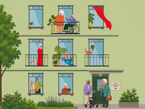 Mehrgeschossiges Haus mit mehreren Seniorinnen und Senioren in unterschiedlichen Lebenssituationen