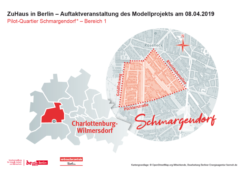 Das Pilot-Quartier Schmargendorf 1, von den Straßen Goldfinkweg, Pücklerstraße und Rheinbabenallee begrenzt.