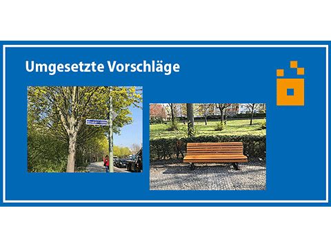 Blauer Hintergrund mit zwei Bildern: ein Hinweisschild und eine Bank