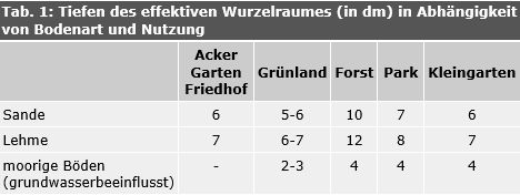 Tab. 1: Tiefen des effektiven Wurzelraumes (in dm) in Abhängigkeit von Bodenart und Nutzung