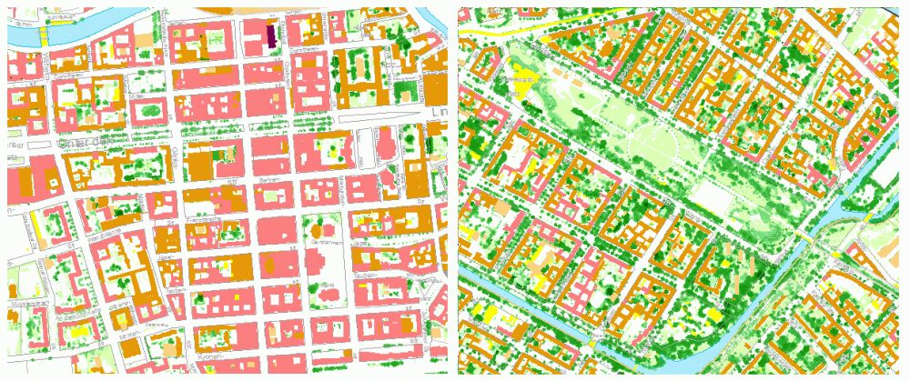 Fig. 19: Classification results in the Berlin inner city: Highly impervious inner-city buildings on both sides of Friedrichstraße (left), and Imperial era block construction with a high share of green space in the area of “Görlitz Park (right) (scale 1: 7500) (Image: Umweltatlas Berlin)