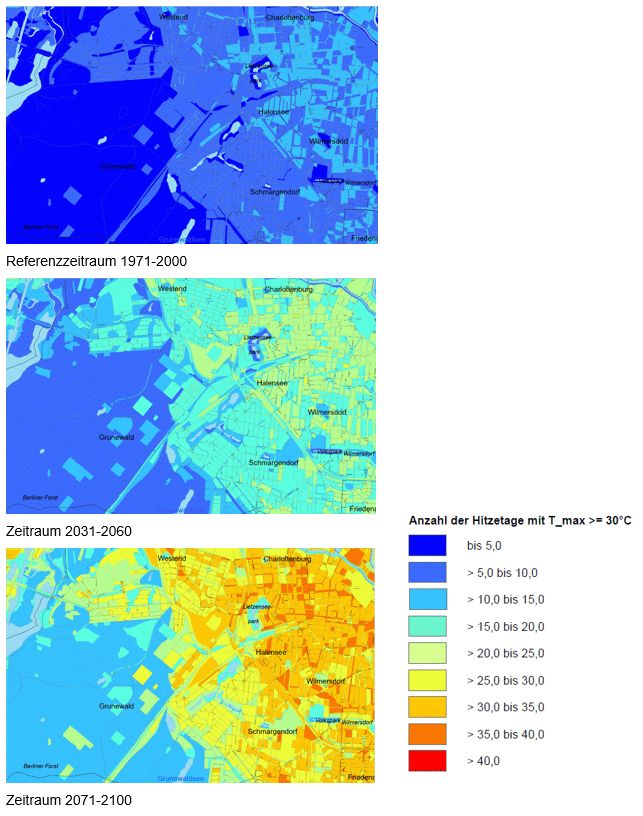 Abb. 3: Jährliche Anzahl der Hitzetage im Referenzzeitraum 1971-2000 und in den Zukunftsperioden 2031-2060 und 2071-2100 basierend auf der Prognose des RCP8,5-Szenarios im Ausschnitt zwischen Grunewald und Charlottenburg/City West.