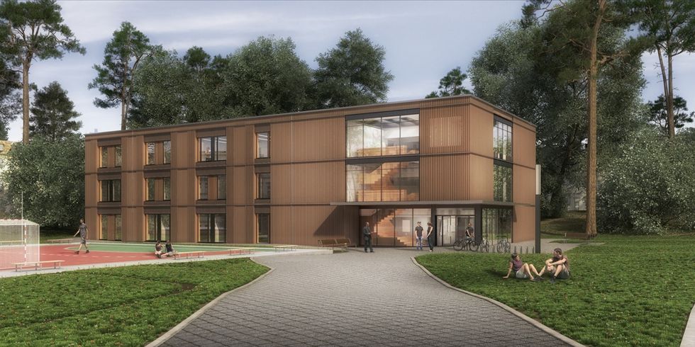 eine realistische Grafik eines Gebäudes mit Grünflächen und einem Sportplatz