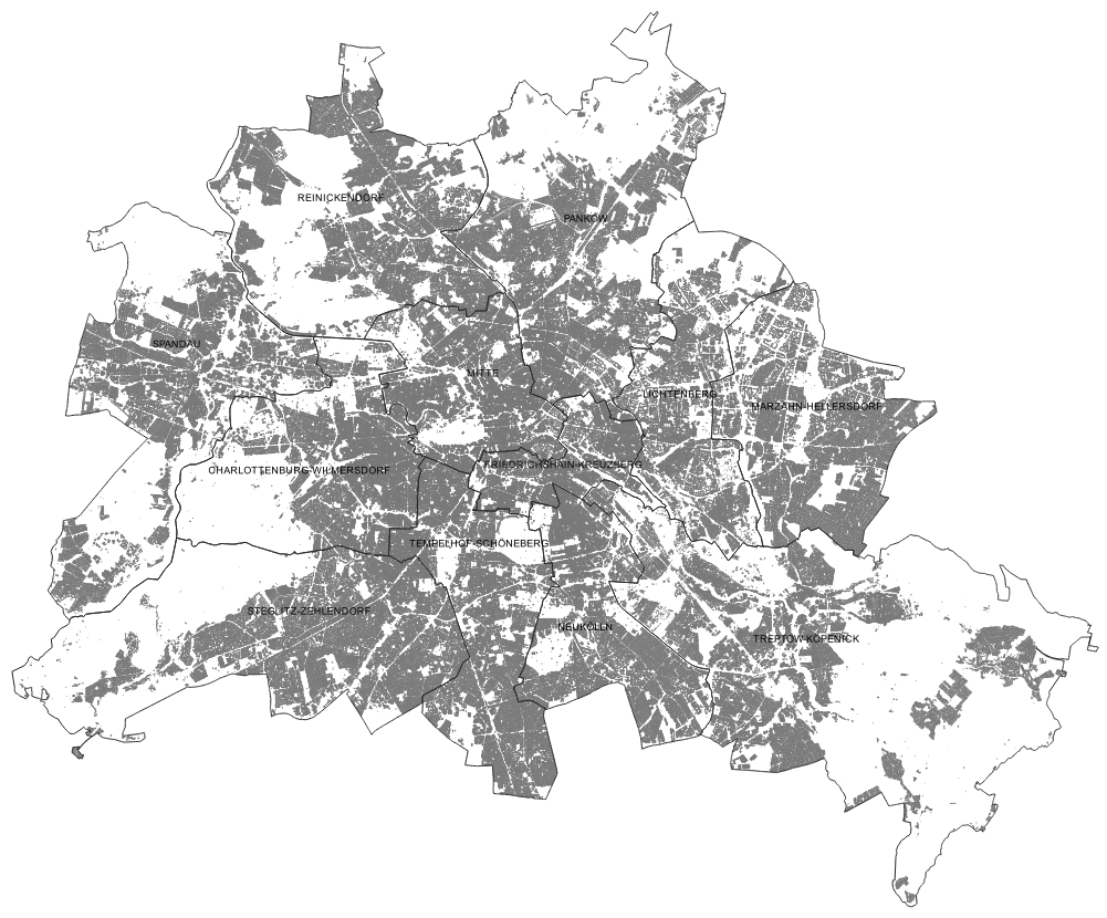 Fig. 2: Object distribution of the “Buildings” and “Parts of buildings” object type areas in the database of the LoD2 Berlin 3D building model (as of May 10, 2023) (Image: Umweltatlas Berlin)