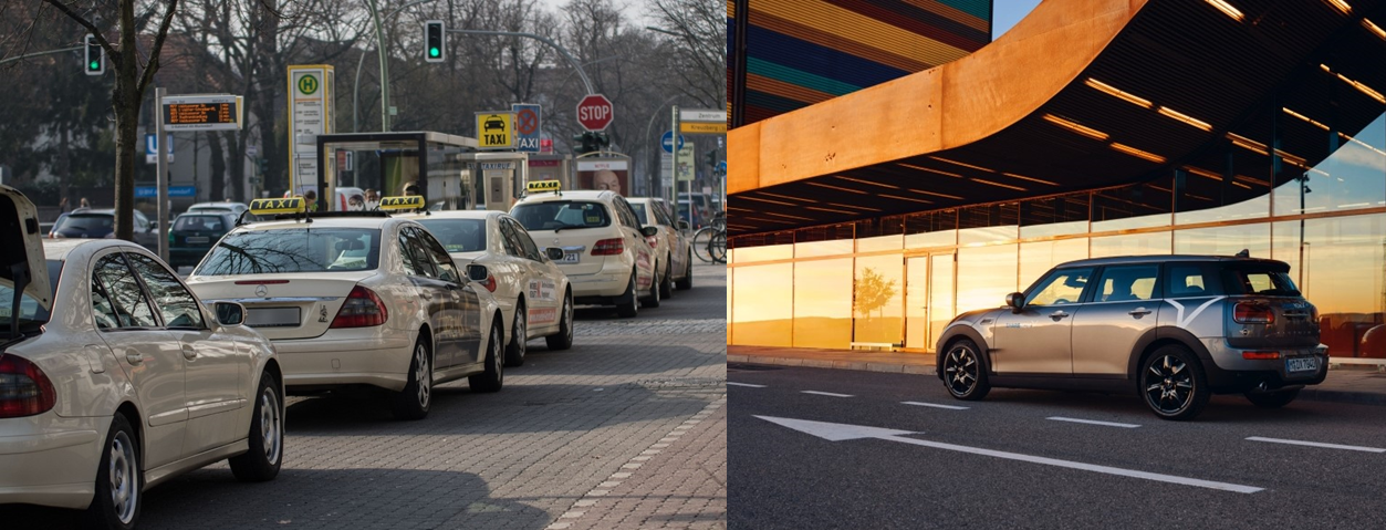 Collage aus zwei Bildern. Im ersten Bild ist ein Taxistand und im zweiten Bild ist ein Carsharing Auto.