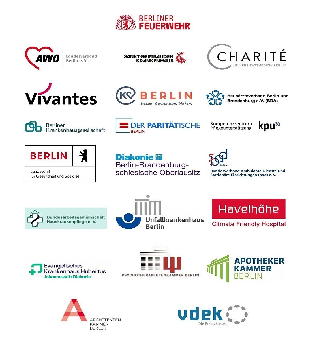 Weitere Mitglieder sind: Berliner Feuerwehr, AWO, Gertrauden Krankenhaus, Charité, Vivantes, KV Berlin, BDA, Berliner Krankenhausgesellschaft, Der Paritätische, KPU, LAGeSo, Diakonie, bad, Bundesarbeitsgemeinschaft Hauskrankenpflege e.V., Unfallkrankenhaus Berlin, Krankenhaus Havelhöhe, Evangelisches Krankenhaus Hubertus, Psychotherapeutenkammer Berlin, Apothekerkammer Berlin, Architektenkammer Berlin, vdek