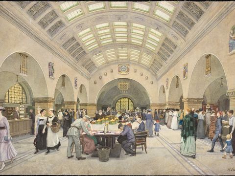 Rathaus Charlottenburg, Sparkassenhalle im Erweiterungsbau (1916) von Heinrich Seeling (1852-1932), Aquarell auf Karton, Handzeichnung (Bild: Architekturmuseum der Technischen Universität Berlin, Inv. Nr. 18181)