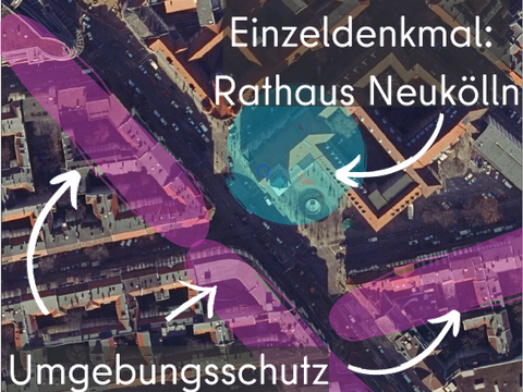 Visualisierung des denkmalrechtlichen Umgebungsschutzes um das Rathaus Neukölln