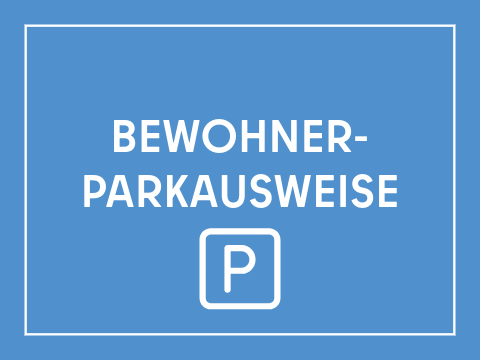 Kachel Schriftzug "Bewohnerparkausweise", Symbol: P als Parkzeichen Weiße Schrift auf blauem Hintergrund