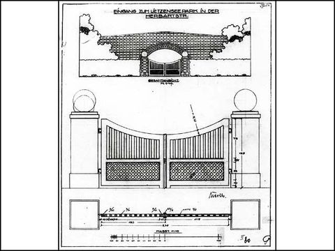 Erwin Barth - Lietzenseepark, Eingang von der Herbartstraße, Entwurf, M 1:10, 1:40, ca. 1920, Bleistift/Transp.