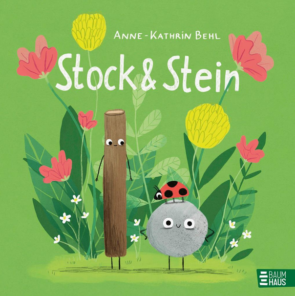 Buchcover mit einer Stock.-Figur und einer Stein-Figur vor einem Rasenstück