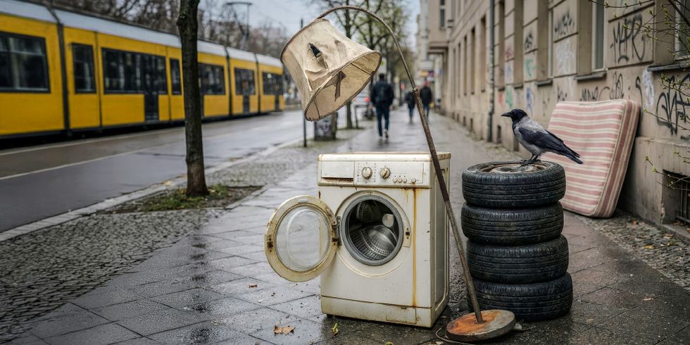 Stadtsauberkeit: Komposition der Motive mit Waschmaschine, Lampe, Reifen-Set und Matratze