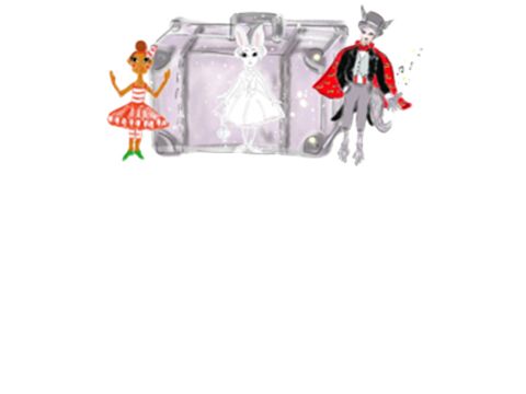 eine Zeichung mit einem Koffer im Hintergrund und drei gezeichneten Figuren davor