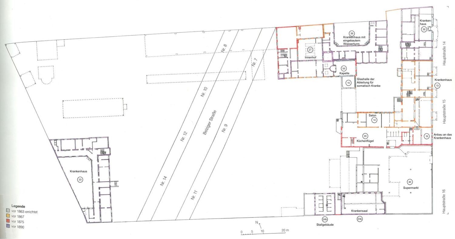 Der Grundriss zeigt die Vielzahl von Gebäuden, die zwischen 1863 und 1890 entstanden und das Maison de Santé zu einer großen Kur- und Heilanstalt werden ließen. (Bild: Maison de Santé. Ehemalige Kur- und Irrenanstalt, hrsg. vom Bezirksamt Schöneberg von Berlin, 1989, Anhang)