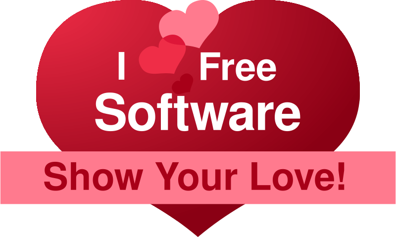 Großes rotes Herz mit der Aufschrift: I love free software. Show your Love!