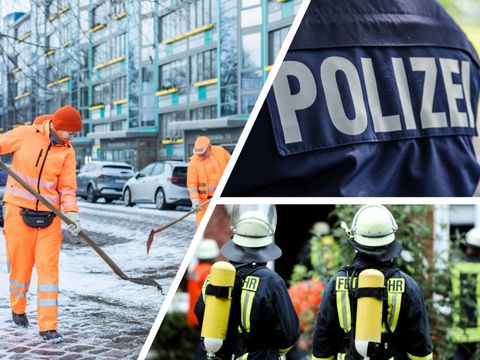 Collage mit Einsatzkräften in Dienstkleidung: Mitarbeitende des Winterdienstes des BSR bei der Arbeit im Schnee, Feuerwehrkräfte im Einsatz sowie die Rückenansicht einer Polizeiuniform mit der Aufschrift ‚Polizei'.