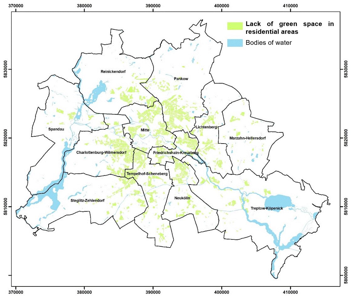 Figure 30: Spatial representation of areas particularly vulnerable to the urban climate due to a lack of green space in Berlin