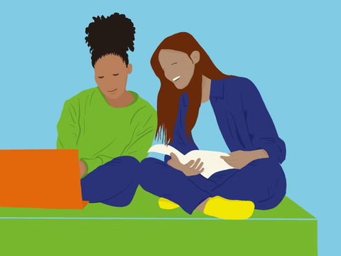 Grafische Darstellung von zwei Schülerinnen vor einem Laptop