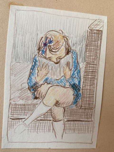 Skizze eines Mädchens, völlig in ein Buch versunken