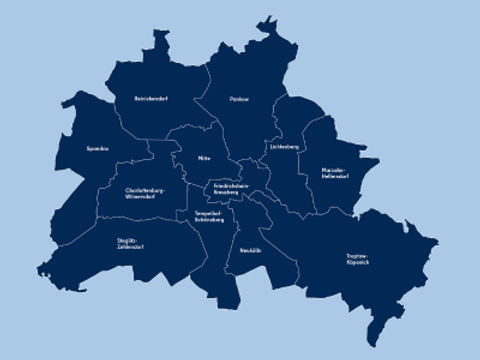 Eine Karte von Berlin, die die verschiedenen Stadtteile und deren Grenzen deutlich zeigt.