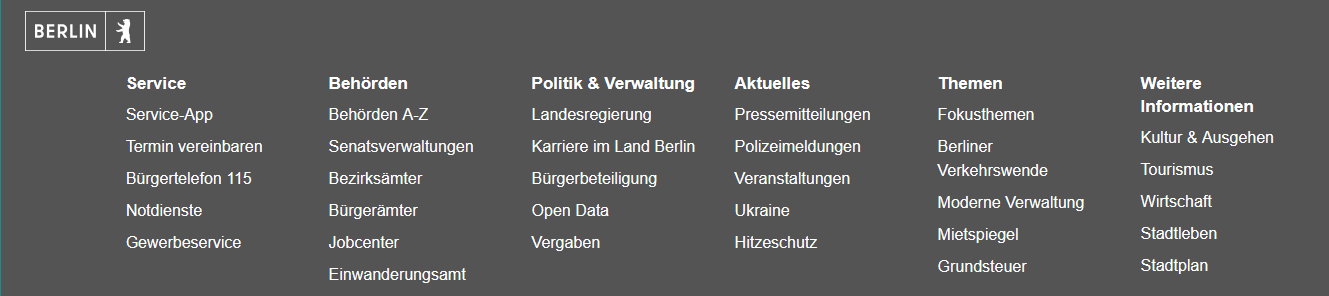 dunkel-grauer Kasten mit Link-Listen vom Land Berlin