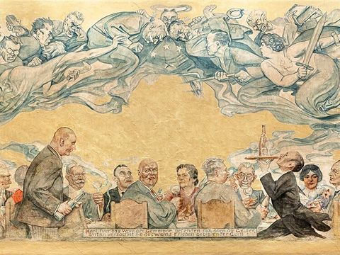 Darstellung Angehöriger der Bezirksversammlung, Wandbild von Arthur Johnson im Ratsweinkeller, 1929 (Bild: Friedhelm Hoffmann, 2024, Museen Tempelhof-Schöneberg)