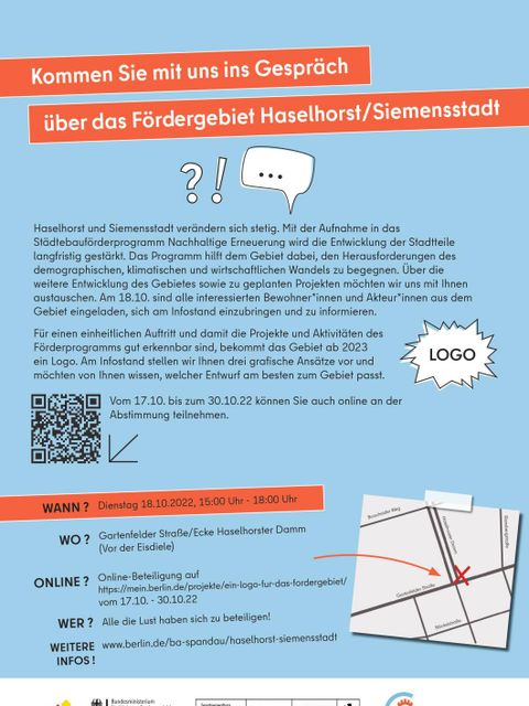Plakat zu Infoständen und Logo-Abstimmung im Fördergebiet Haselhorst-Siemensstadt (Bild: BA Spandau, SenSBW)