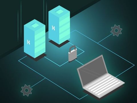 Ein Computer ist über eine Linie mit zwei Säulen und einem Schloss verbunden