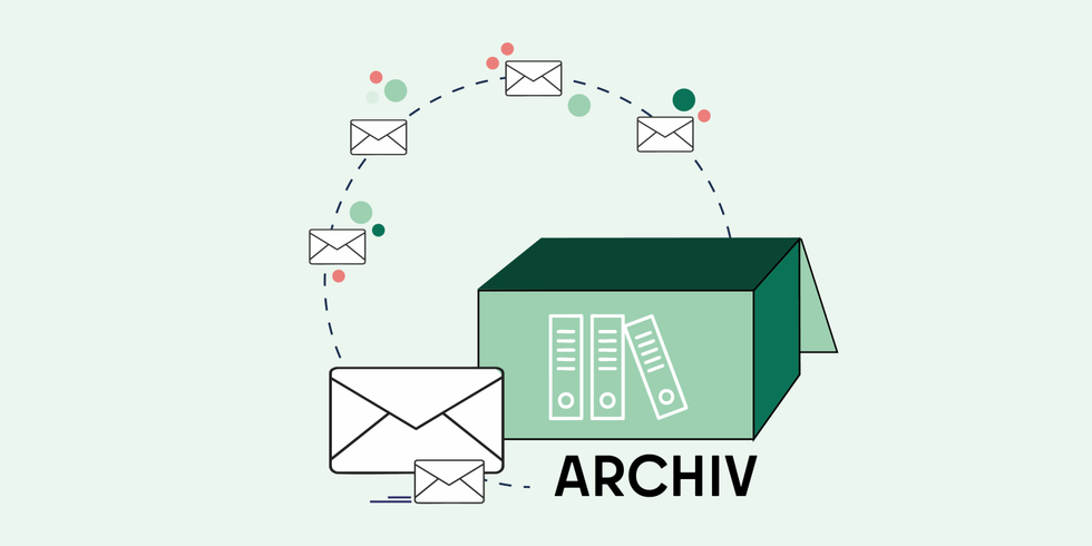 Das Bild zeigt einen Archivkarton, in den Briefe hineinfliegen