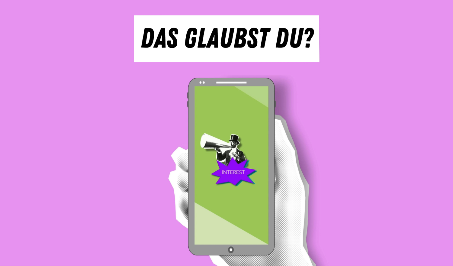 Hand hält Smartphone vor pinkem Hintergrund