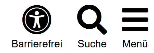drei Piktogramme: Barrierefreiheit, Suche, Menü