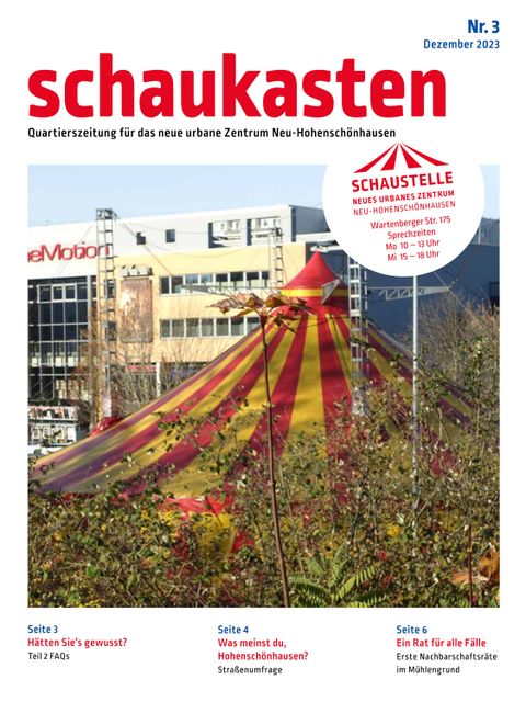 Titel der Quartierszeitung Schaukasen Nr. 3, 2023, für das neue urbane Zentrum Neu-Hohenschönhausen