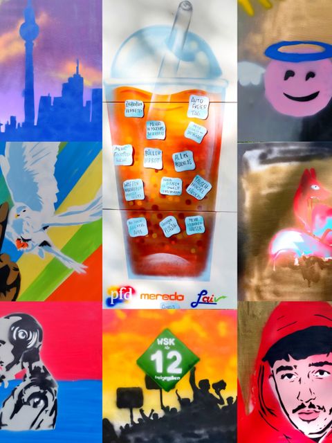 Collage: Graffiti-Werke von Reinickendorfer Kindern im Alter von 9 bis 12 Jahren zum Thema Demokratie (Bild: BA Reinickendorf)