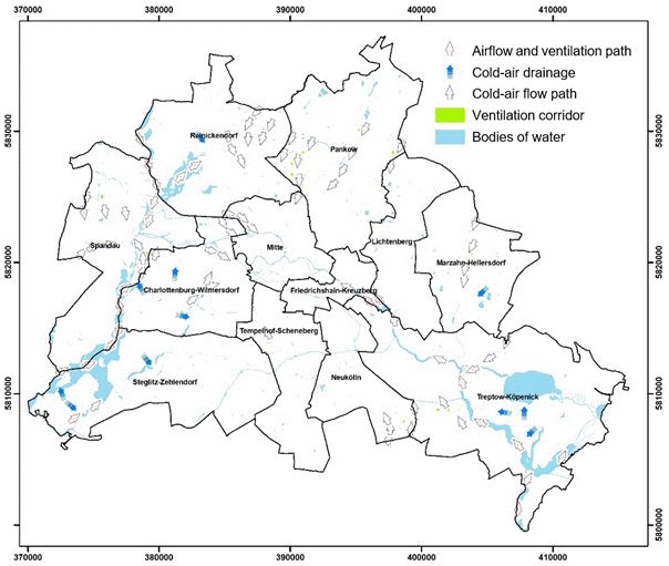 Figure 7: Core areas of cold-air flow paths (‘ventilation corridors’) in Berlin