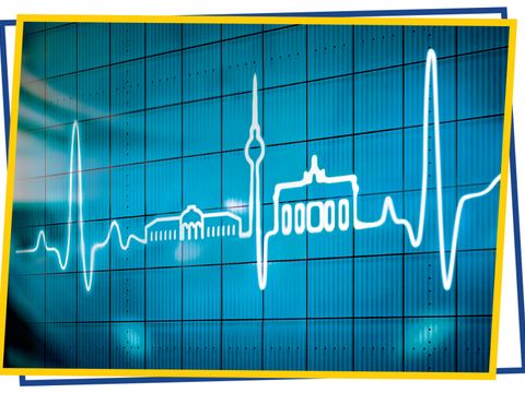 Herzfrequenzmessgerät zeichnet die Skyline von Berlin.