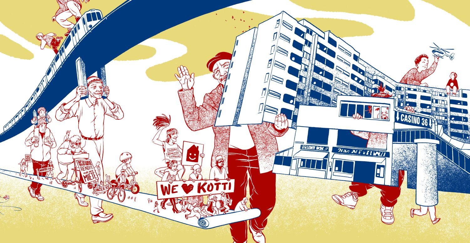 Illustration von einer fiktiven Straßenszene mit Figuren, Architektur und Ubahntrasse