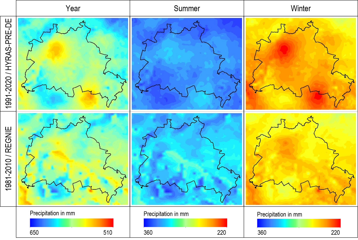 Fig. 7: Comparison of precipitation distributions for the evaluation period between 1991 and 2020 based on HYRAS-DE-PRE, and between 1981 and 2010 based on REGNIE (Image: ProAqua using the statistical base from DWD 2022b and DWD 2018)