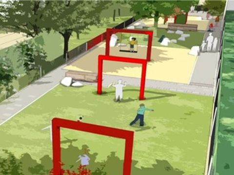Perspektive eines Spielplatzes mit roten Rahmen