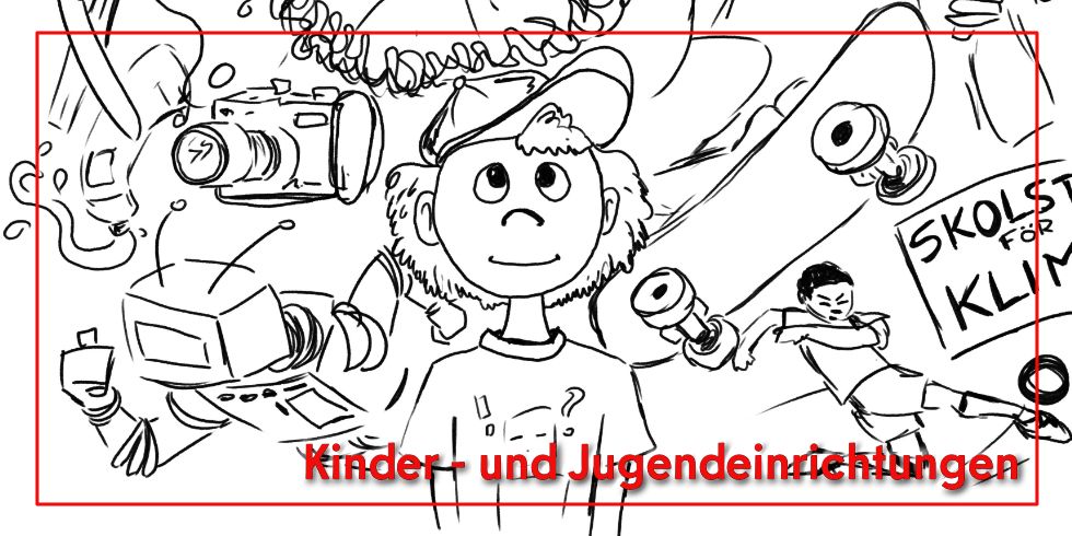 Aus dem Kopf eines Jungen kommen viele Gegenstände heraus. Es sind eine Kamera, ein Roboter, ein Skateboard, ein Fußballspieler und vieles mehr zu sehen.