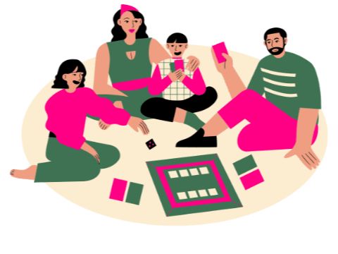 Grafik: Familie sitzt au dem Boden und spielt ein Brettspiel